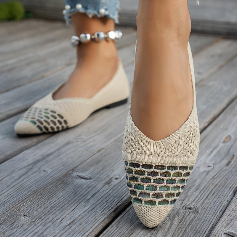 Women's Wide Width Flyknit Pointed Toe Flats - Color Block Slip-On Shoes with Cushioned Sole, Breathable Everyday Casual Shoes for Women