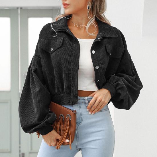 Herbst Frauen Revers Laterne Hülse Abgeschnitten Jacke Einfarbig Einreiher Mantel Outwear Vintage Cord Mantel