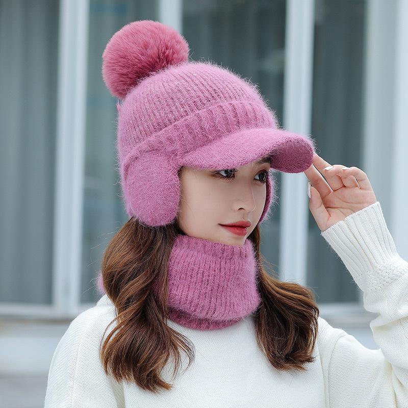 Ladies rabbit fur knitted hat trendy student wool ear protection cap outdoor cold protection warm scarf velvet