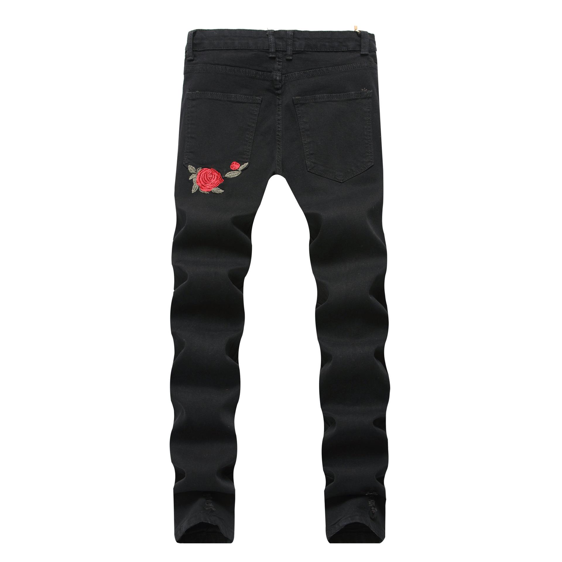 Wovey Men's Black Ripped Jeans With Embroidery With Flowers Rose Embroidered Denim Jeans Stretch Skinny Jeans Pants Cm