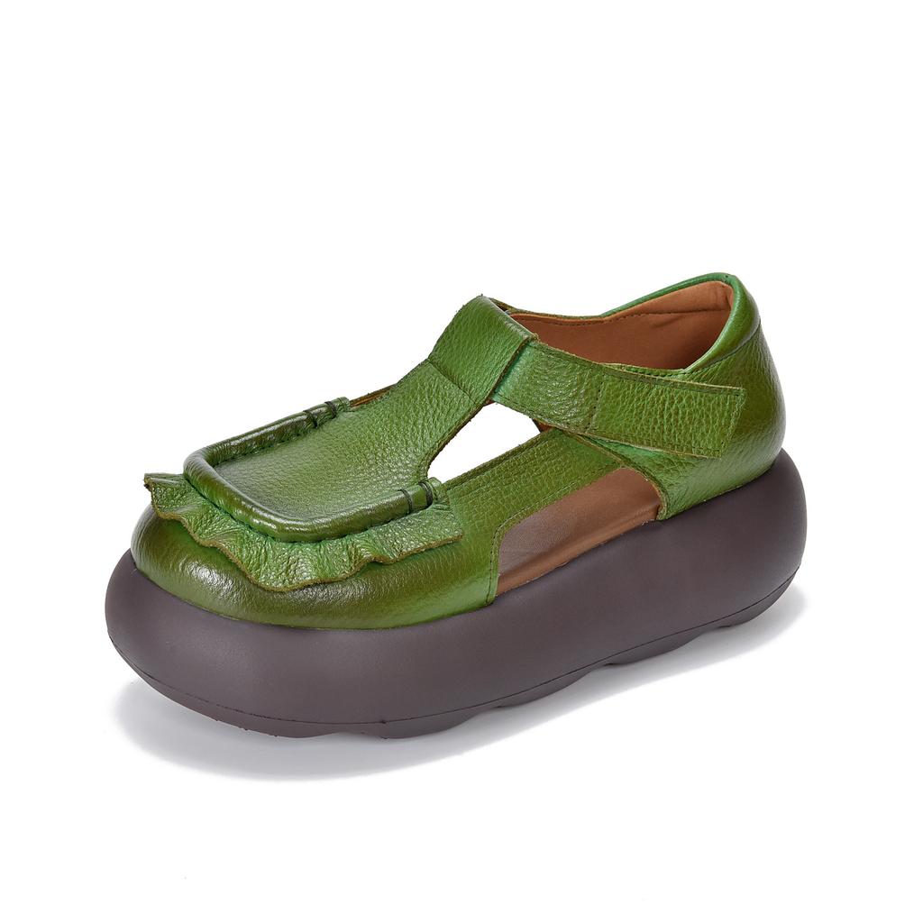 Johnature Retro Genuine Leather Roman Sandals Comfortable And Versatile Round Toe Thick Soled Women's Shoes