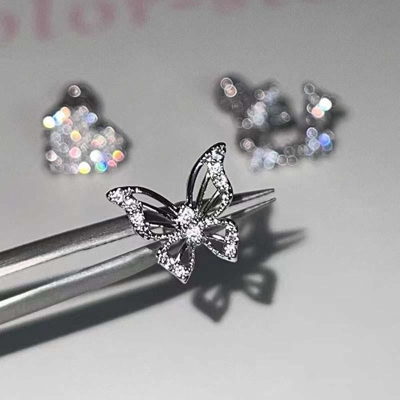 Shiny Silver Color Rhinestone Hollow Butterfly 316L Stainless Steel Ear Bone Nail Delicate Waterproof Small Earrings for Women