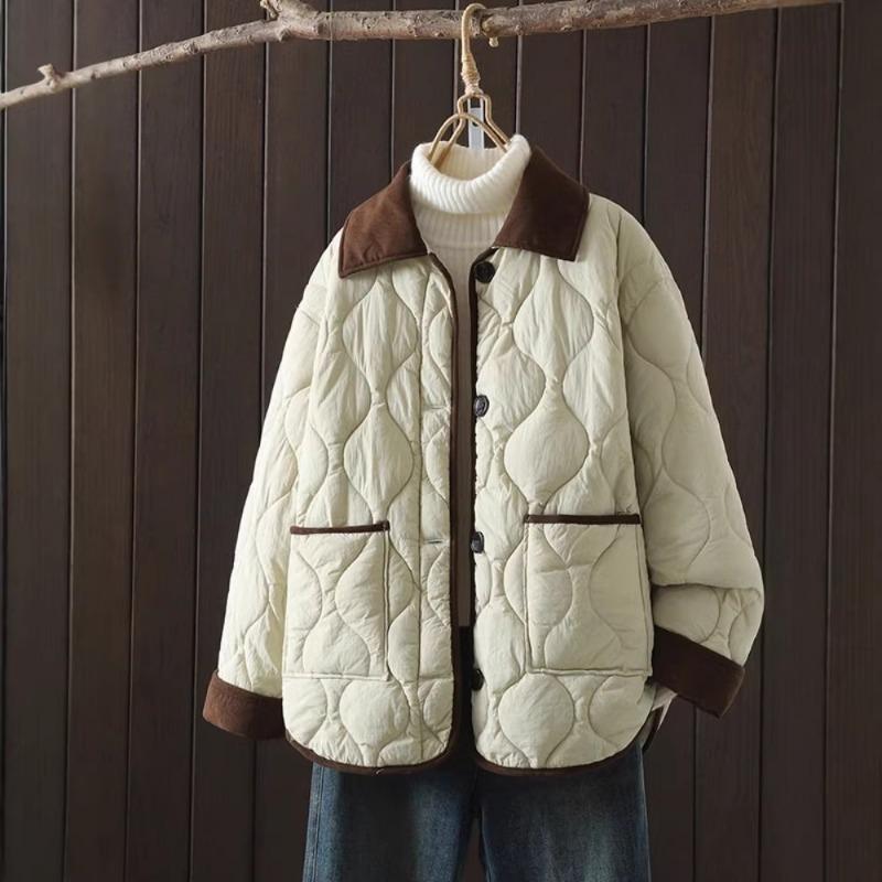 

Зимняя новая короткая пуховая куртка для женщин 2026 контрастного цвета с лацканами, ромбовидная, легкая, тонкая, свободного кроя, хлопковая куртка M зелёный