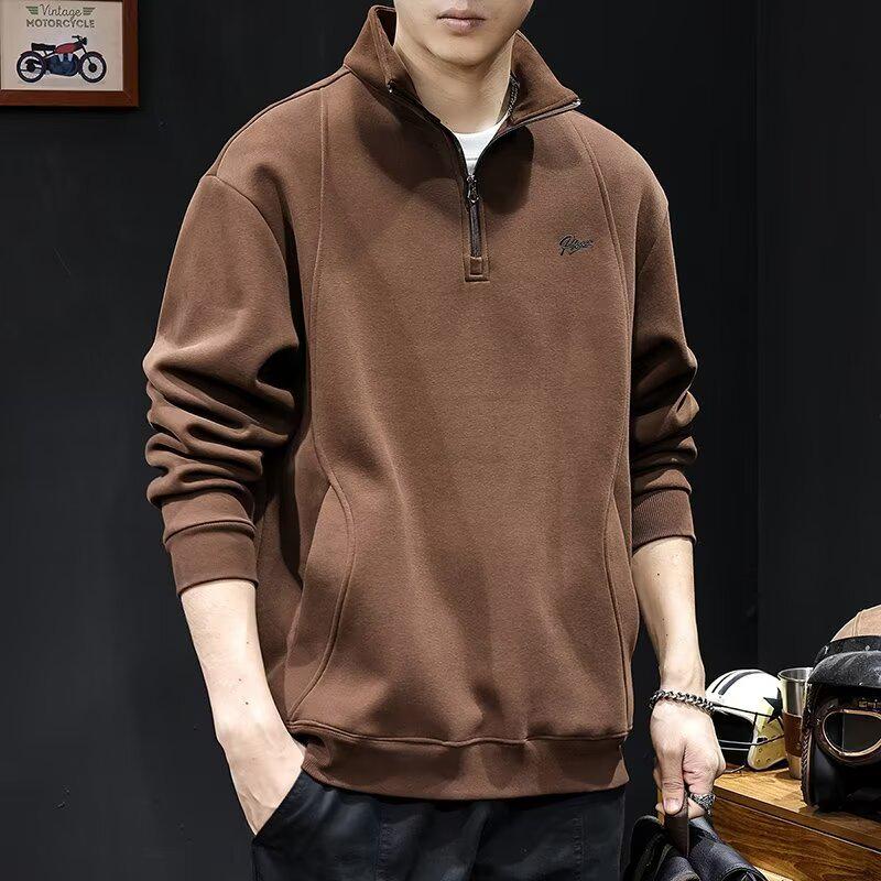 

Мужской флисовый свитшот большого размера - Осень/Зима 2024, Модный полувысокий воротник с карманами 2XL