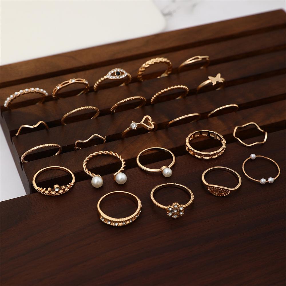 24 Stück Boho Geometrisches Knöchelring-Set für Damen Auge Schmetterling Herz Krone Perle Fingerring Mädchen Mode Party Schmuck Geschenk