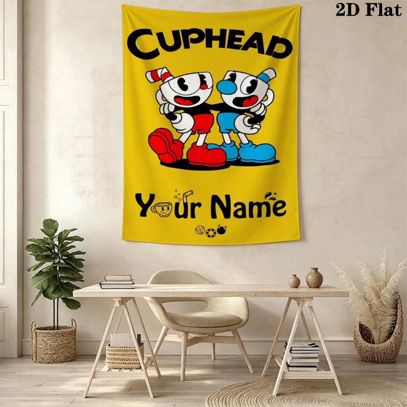 Name Custom Cuphead Game Wall Tapestry Aesthetic Wall Hanging Printed Fabric Blanket Decorative Tapestries for Bedroom Living Room Home Decor
