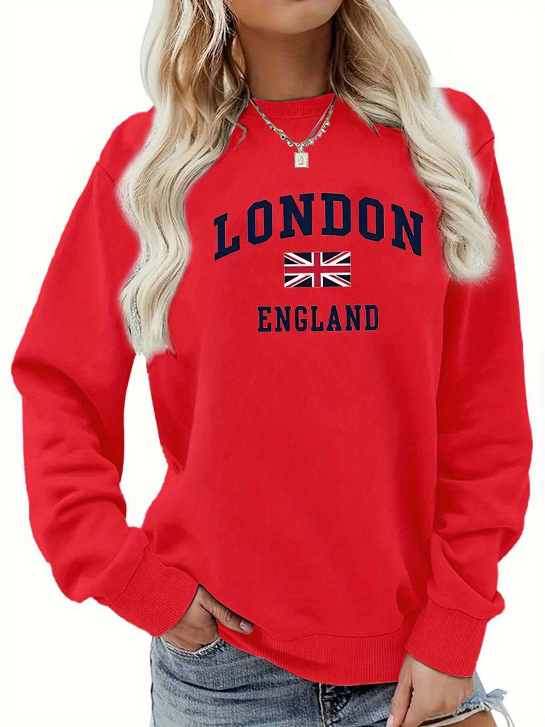 Women's Autumn and Winter Casual Fashion Loose Comfortable Warm London England Pattern Printed Round Neck Long Sleeved Pullover