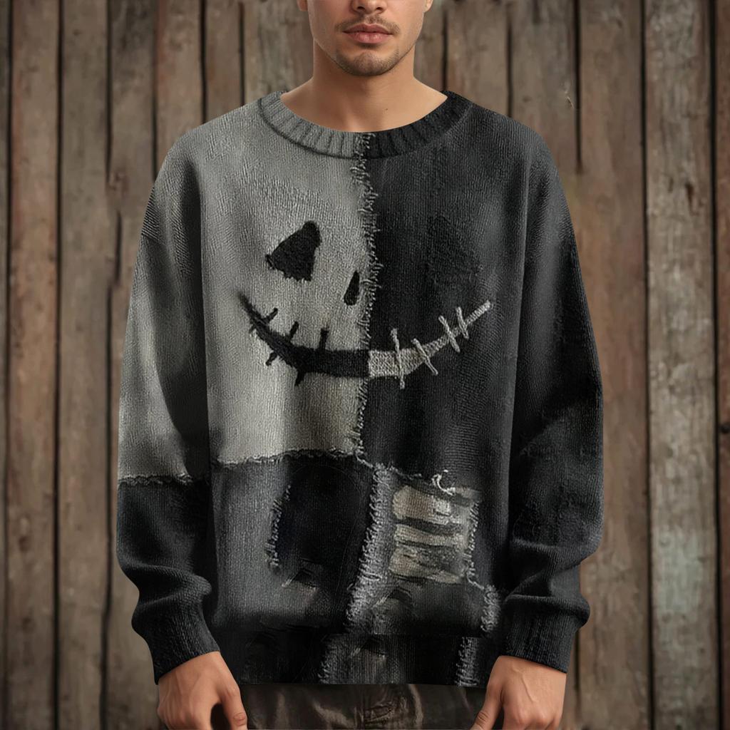 Men's Long Sleeve Pullover Sweater Casual Halloween Print Knit Oversized Sweater