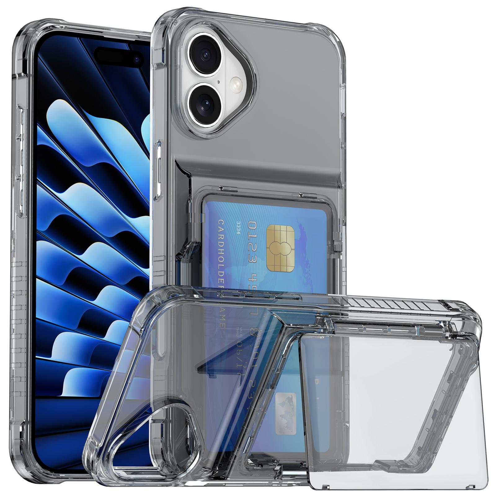 

For iPhone 16 Plus Case PC+TPU Clear Phone Cover Card Holder Kickstand Transparent Black