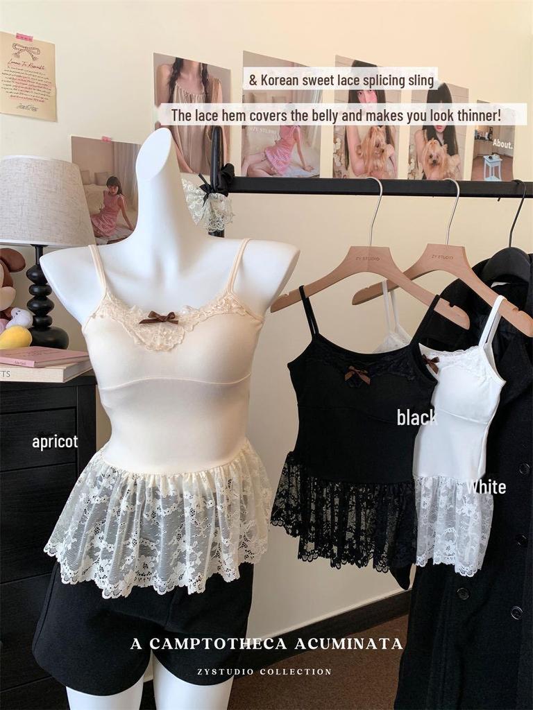 Women's Sweet French Bow Layered White Lace Camisole - Sleeveless Top for Autumn and Winter