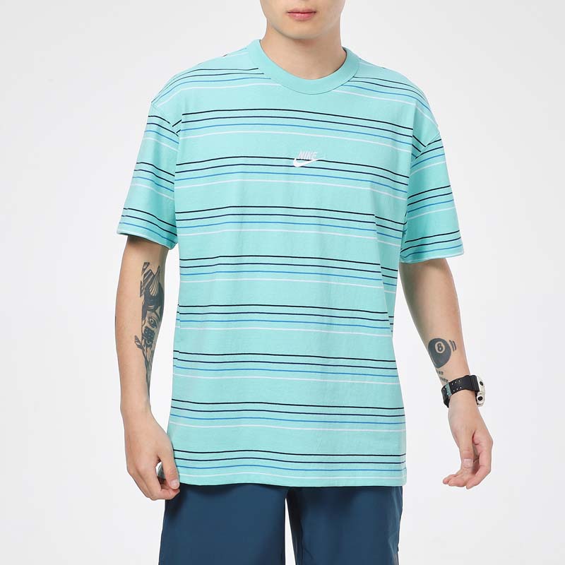 Nike Sportswear Embroidered Logo Striped Loose Knit Sports Short Sleeve T-Shirt Men Tops Blue Green DB6532-307