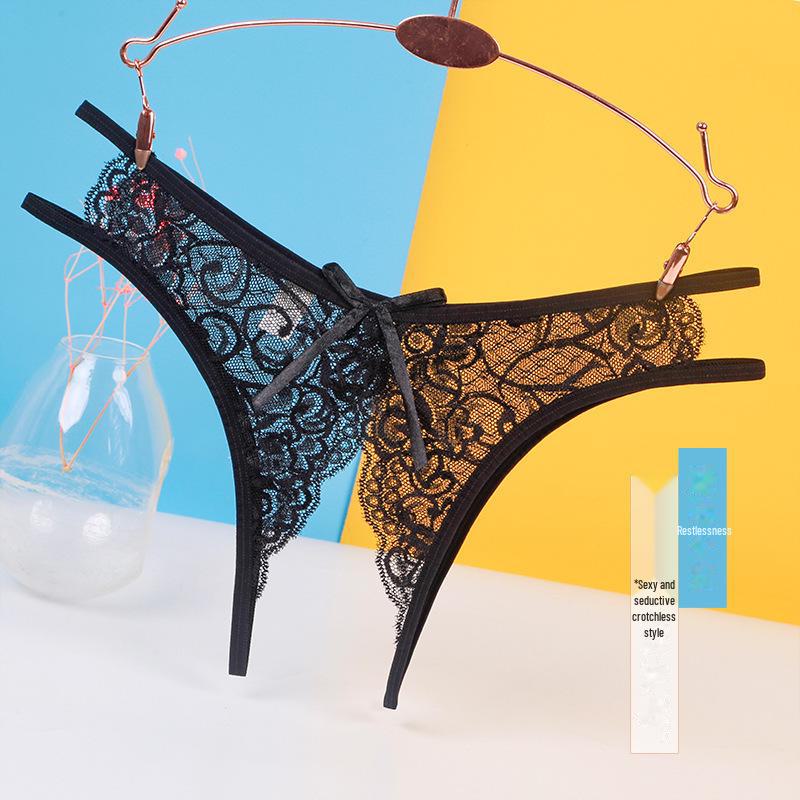 Koreańskie koronkowe przezroczyste stringi bez krocza: Seksowne, niskie w pasie, przewiewne, urocze siateczki z kokardką.