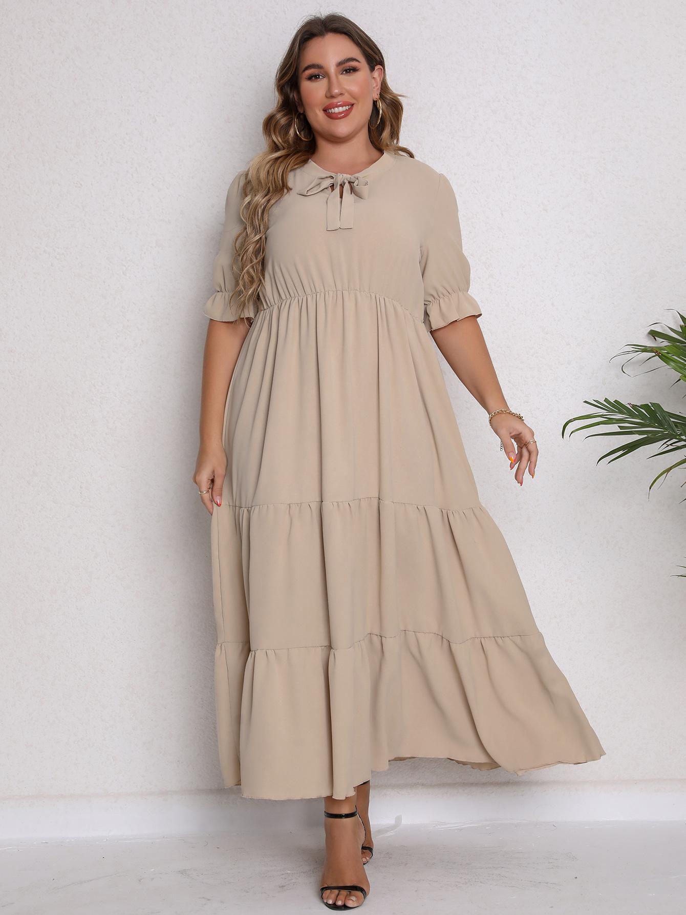 

Crewneck Solid Long Dress for Women Short Sleeve High Waist Tie Neck Ruffled Summer Maxi Dress Casual Breathable Thin Work Vacation Plus Dress 5XL абрикосовий
