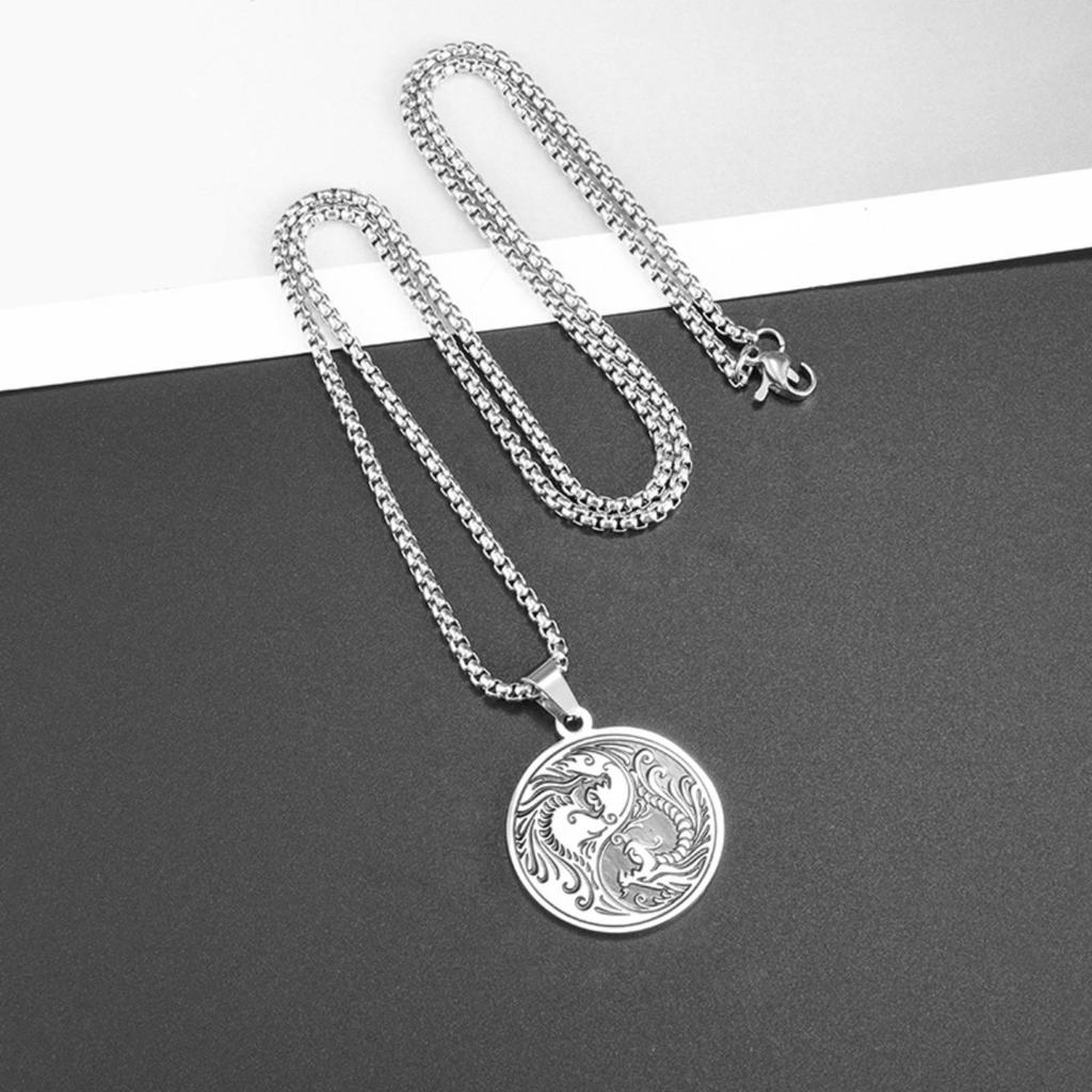 Tai Chi Yin-Yang Dragon Phoenix Pendant Necklace for Women Men Stainless Steel Jewelry Gift