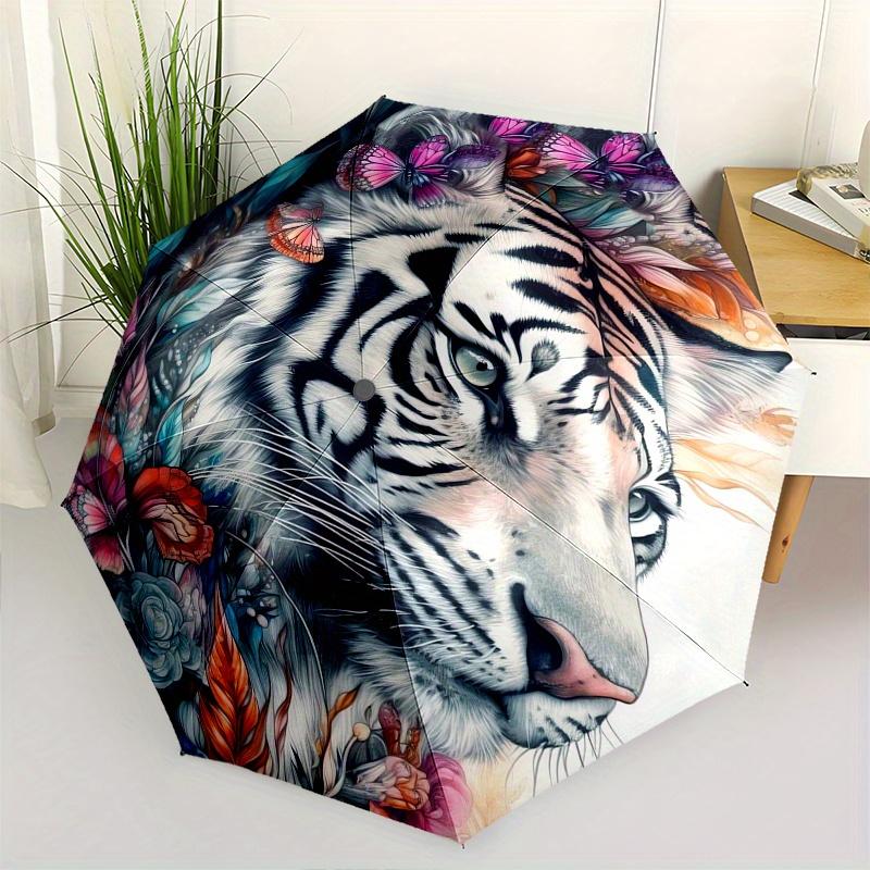 

Tiger Flowers Theme 8 Bone Hand Automatic Folding Umbrella, Compact and Portable Design, A Perfect Gift for Birthday, Christmas or Business
