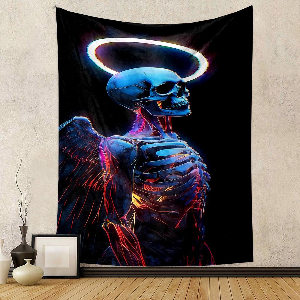 "Glowing Skeleton Angel On Black Background" Patterned Tapestry Home Decor, Suitable for Bedroom and Living Room, Gift