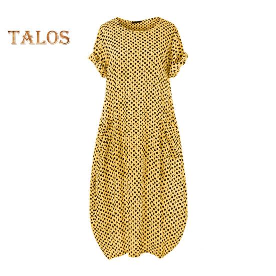 

Жіноча сукня великих розмірів у крапковий принт у богемному стилі для відпустки максі-сукня з круглим вирізом і короткими рукавами з кишенями Дорожня пляжна сукня XL жовтий