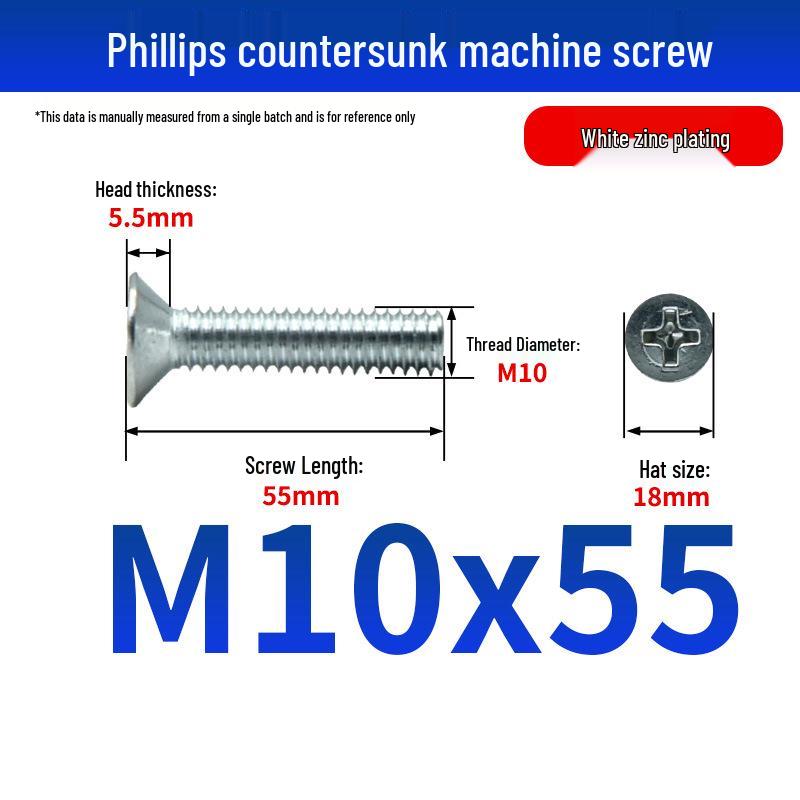 White Zinc Plated Cross Recessed Countersunk Head Screws & Bolts, Machine Thread, M3-M12