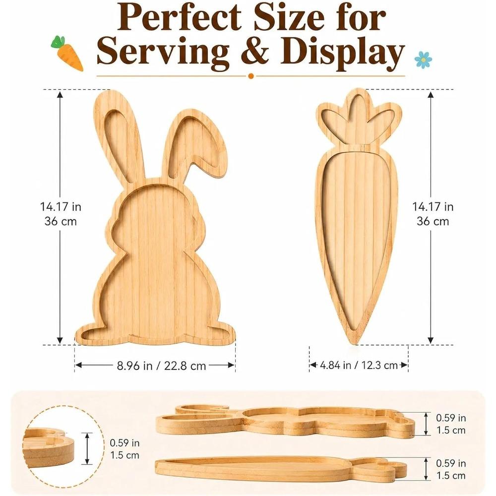 Easter Charcuterie Board Set 2PCS, Bunny and Carrot Wooden Serving Trays for Food, Rabbit Snack Platter for Party Hosting, Spring Holiday Table Decor