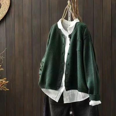 Women Vintage Knitted Sweaters O-Neck Long Sleeve Autumn Cloths Solid Color Button Female Sweaters