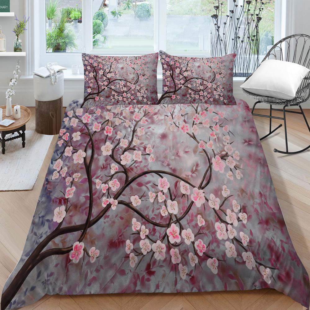 3D Family Bedding Single Double Bed Full Size Bedding Plum Blossom Pattern Pillowcase and Quilt Cover Noble and Washable Family Decoration