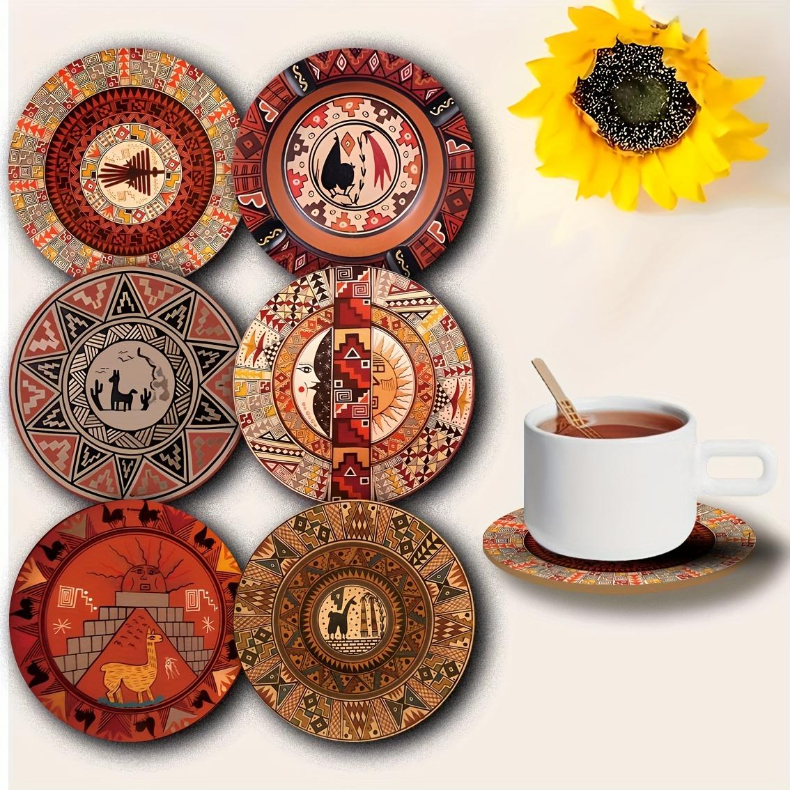 

6 Pieces 2D Wooden Coasters Tribal Totem Pattern Theme Desktop Insulation Mats Home Decor Coffee Cup Coasters Office