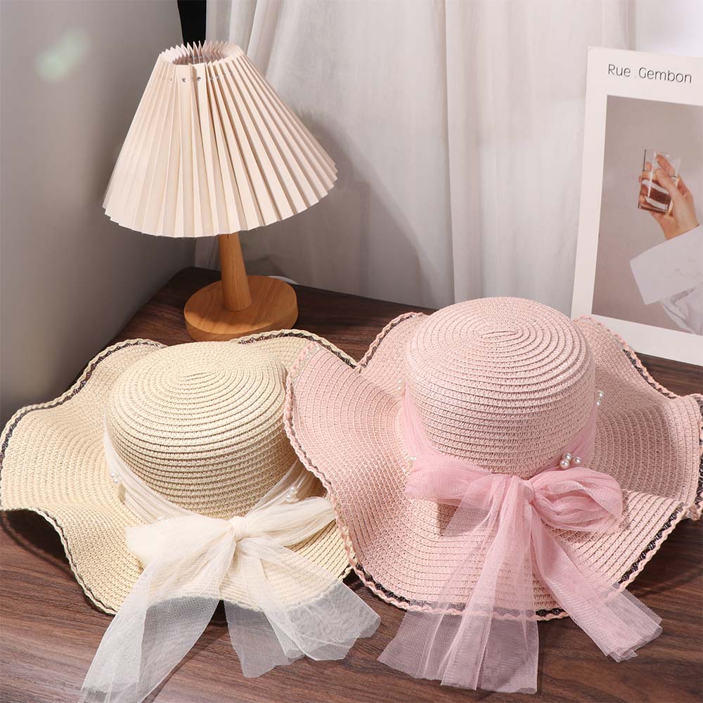Spring Summer Bow Ribbon Straw Hat French Style Women's Sun Hat Ins Lace Pearls Straw Hat Outdoor