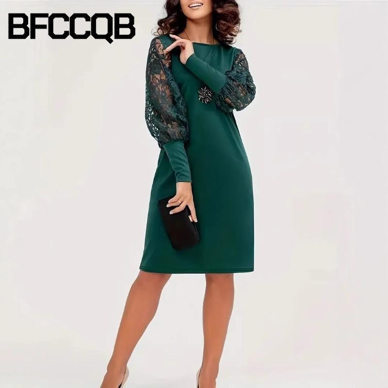 BFCCQB Women's Fashion Autumn Spring O-Neck Long Sleeve Solid Color Print Casual Dresses