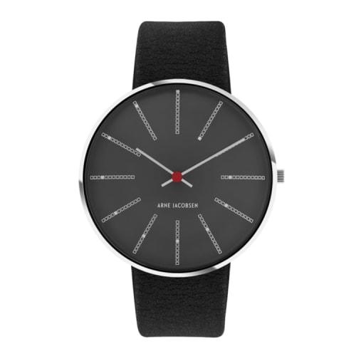 ARNE JACOBSEN BANKERS 53118-2001P Watch, 40mm, Scandinavian Design, Water Resistant (Quiet Design with No Second Hand), Gray with Black Leather Strap