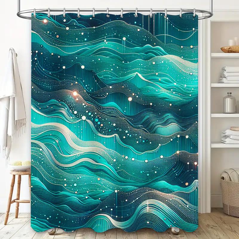 Luxury Blue Ombre Shower Curtain with Modern Waves Design for Bathroom Decor Waterproof Fabric Bath Mat Set In Various Sizes (18