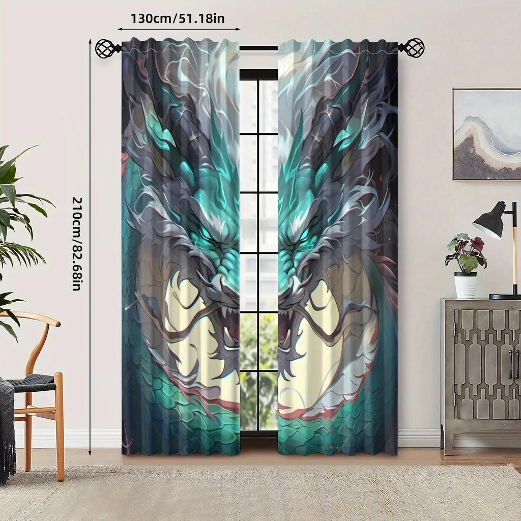 2pcs Vintage Dragon Print Blackout Curtains - Matte Polyester, Rod Pocket Design with Eyelet, Machine Washable, Fashio
