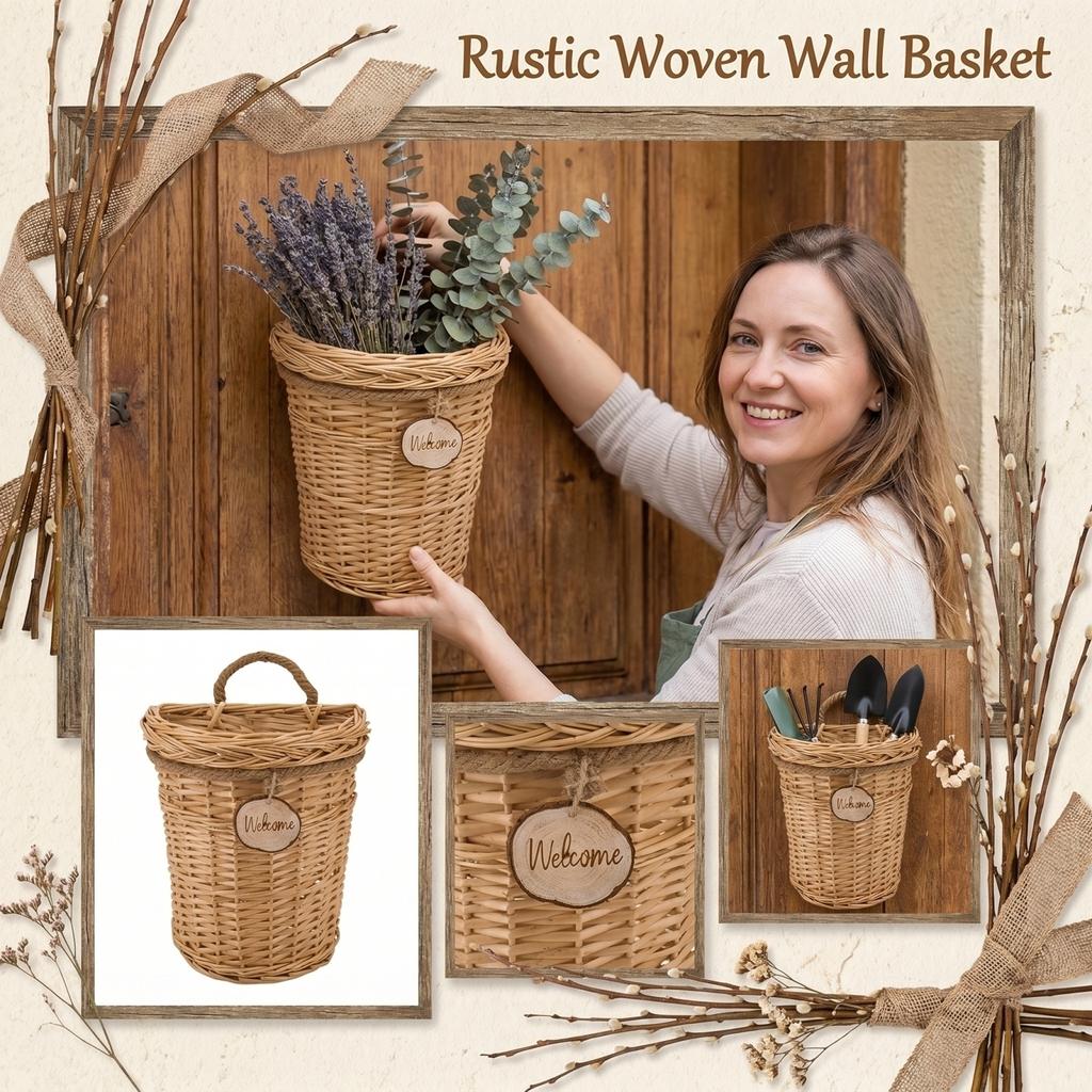 Wicker Hanging Basket with Handle and Lid Natural Woven Storage Container for Indoor Outdoor Use Rustic Style Wall Mounted Organizer