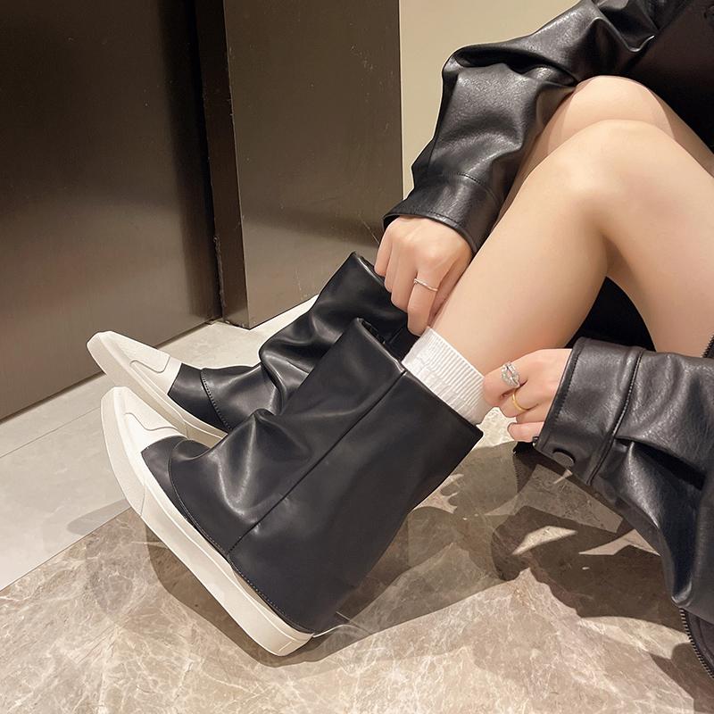 Fashion Women's Fashion Flat Cotton Boots Winter New Pointed Splicing Leather Sleeve Thick Soft Sole Non-slip Short Shoes