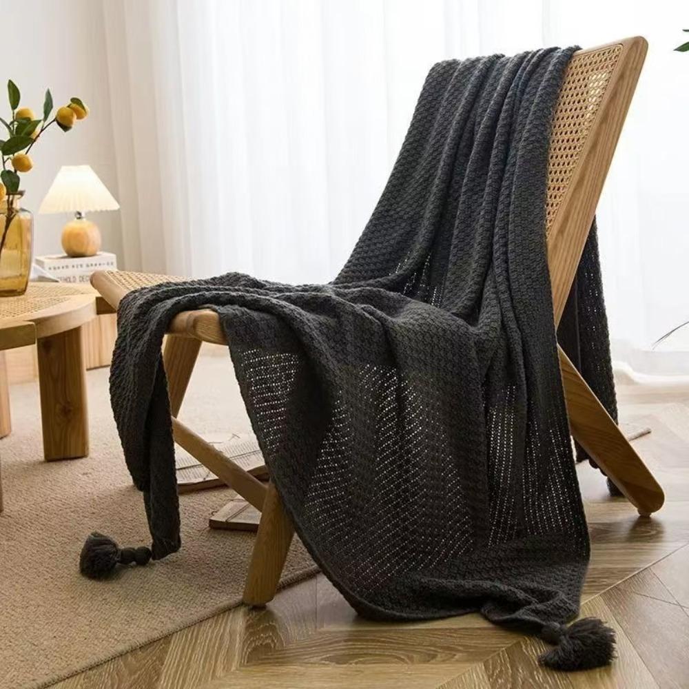 with Tassel Nordic Knitted Blanket Waffle Pattern Sofa Blanket Simple Nap Blanket  Air Condition