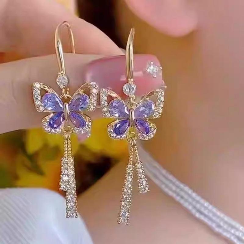New High-end Fashion Flower Long Earrings Internet Celebrity Elegant Temperament New Butterfly Fringed Ear Jewelry