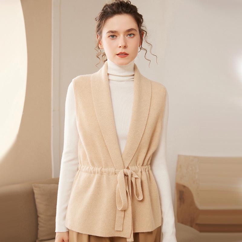 Trendy Women's Slimming Cashmere Vest: Sleeveless Knit Cardigan with Drawstring Tie Shoulders
