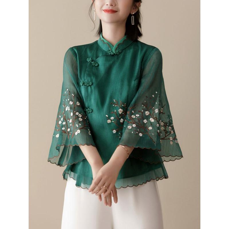 Blusa Ricamata Stile Cinese Cheongsam Modificato Colletto alla Coreana Manica a Pipistrello Top Largo Vintage Temperamento Abbigliamento da Donna