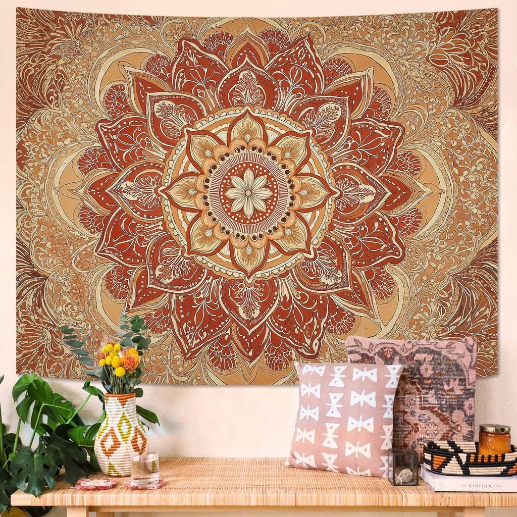 Black & Gold Mandala Tapestry, Elegant Wall Hanging with Intricate Golden Floral Pattern On Black Background, for Bedroom Decor