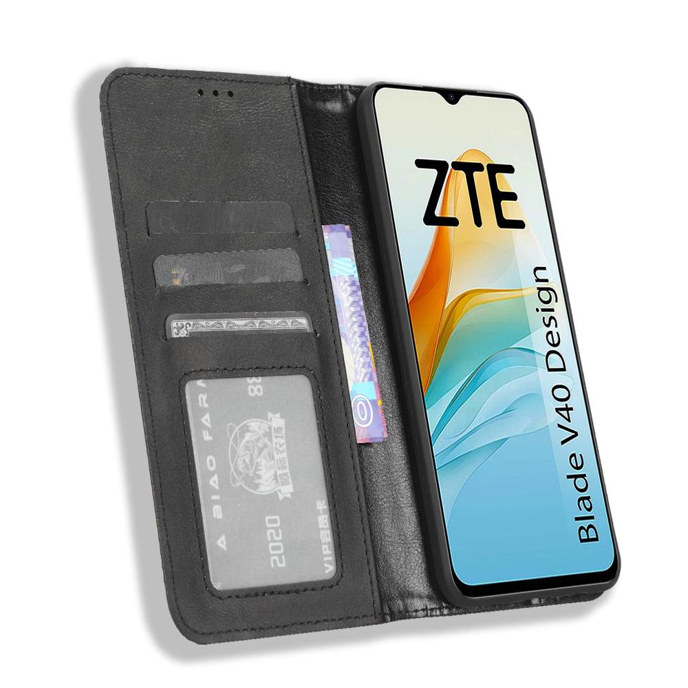 

For ZTE Blade V40 Design PU Leather Stand Cell Phone Case Wallet Retro Phone Cover Black