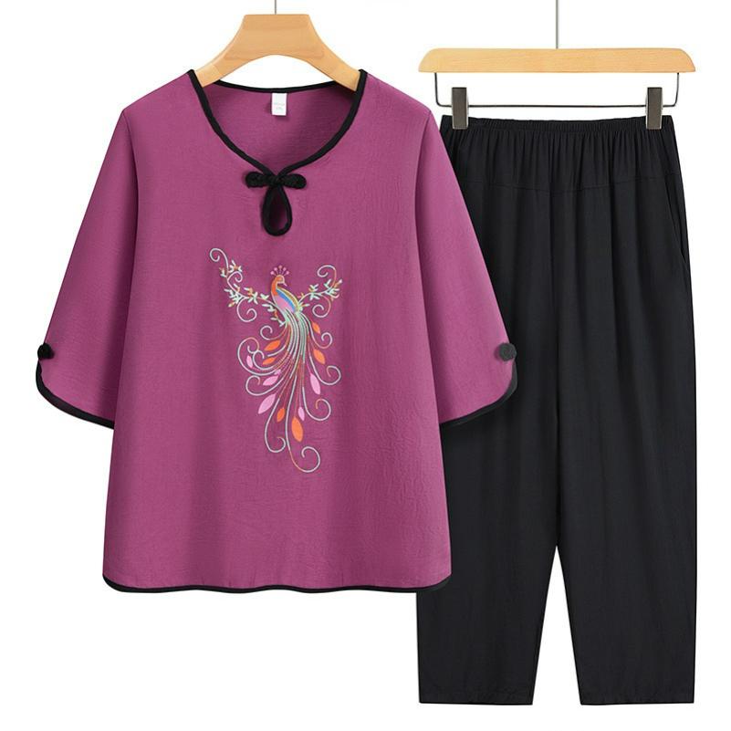 

Summer Loose Suit, Mother s Printed T-shirt, Two-piece Suit 5XL фіолетовий