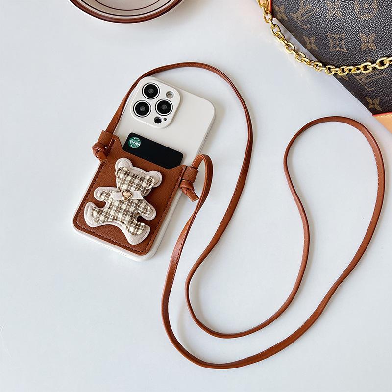 Plaid Bear Card Holder Wallet Phone Case for IPhone16 Crossbody Cord 14 for Apple 13 Anti-fall 12 Women's Soft