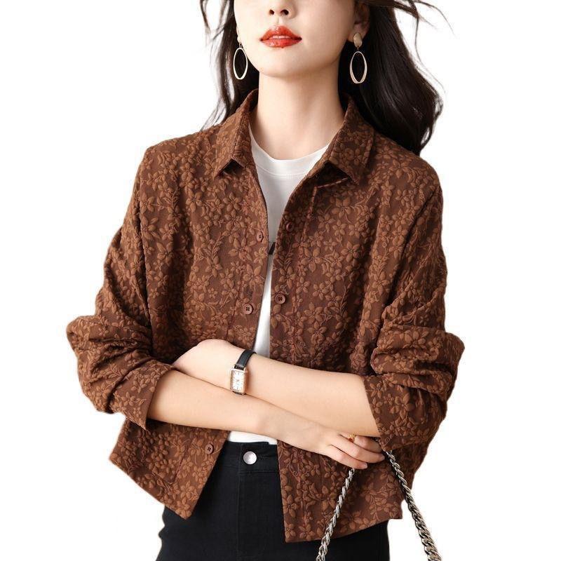 Womens Beige Floral Jacquard Shirt Casual Button Down Long Sleeve Cropped Jacket