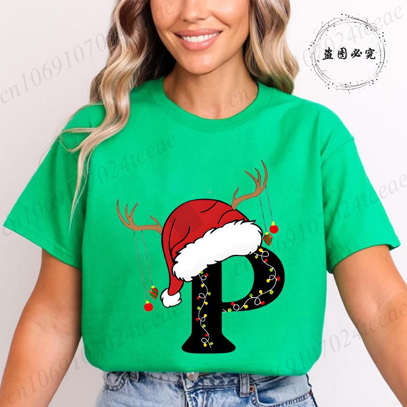 Fashion Merry Christmas Gift for Female Clothing Christmas 26 Alphabet Print TShirt for Women Casual Xmas Tees Short Sleeve Top