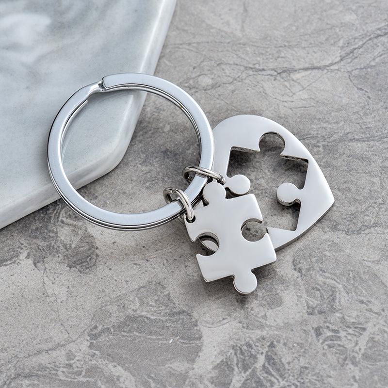 Stainless Steel Heart Puzzle Keychain: Glossy Engraved Valentine's Day Gift Pendant