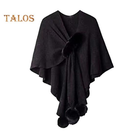 

Женская накидка-шаль с V-образным вырезом, однотонная, плюшевая, с декором в виде шариков, с крестообразным узором, теплая, универсальная, для вязания, повседневная одежда для поездок на работу