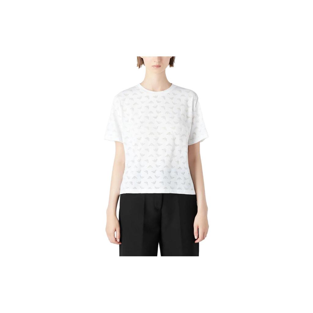 Emporio Armani SS23 Logo All Over Print Crew Neck Short Sleeve T-Shirt Women Tops White 3R2T7F2-JWBZ1-0100