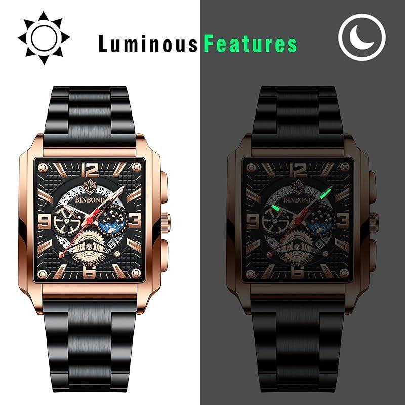 Used [New] Square Watch for Men, 3ATM Waterproof: Luminous, Analog Calendar, Skeleton, Stainless Steel Band, Star, Moon, Quartz Watch, Casual,
