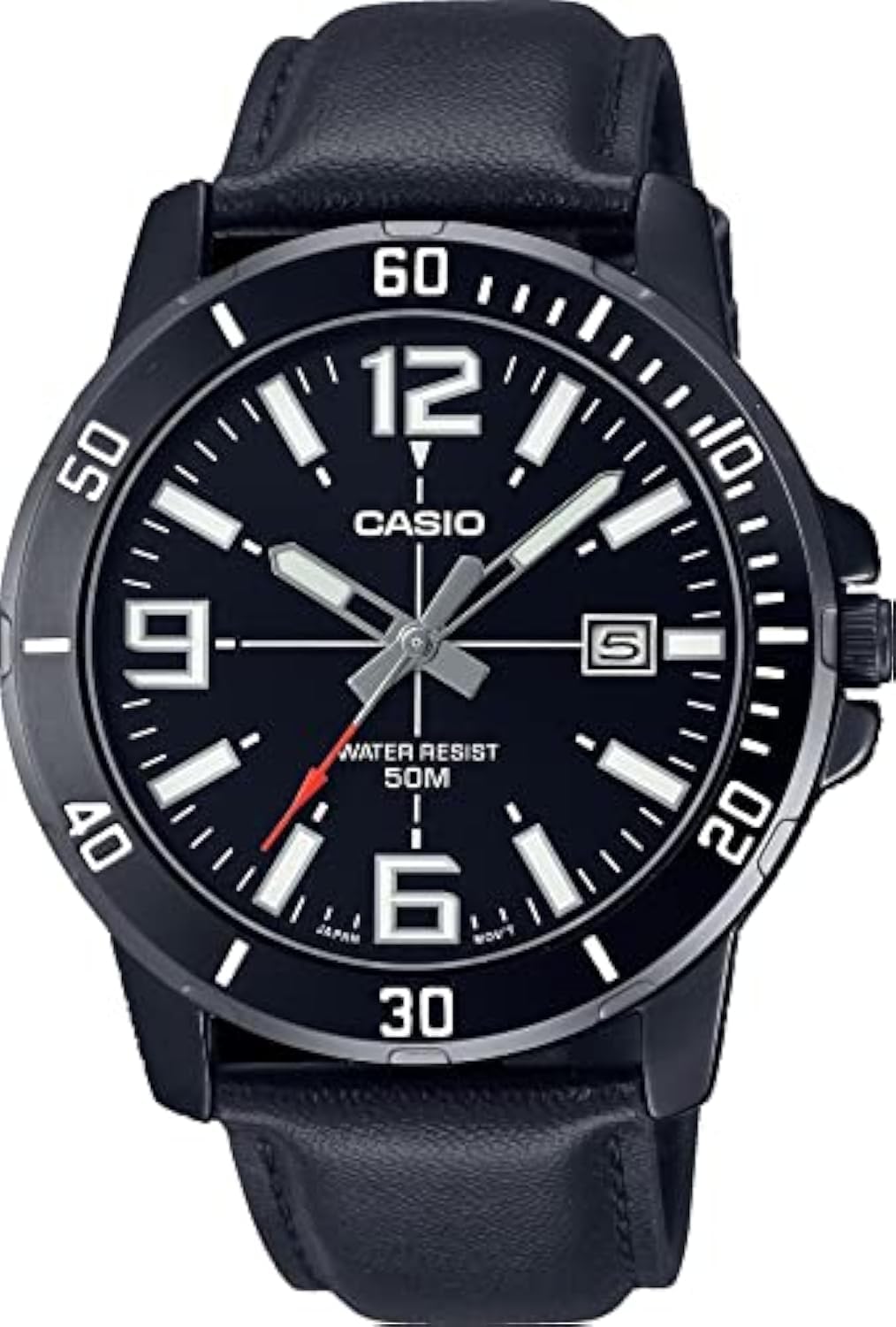 Casio MTP-VD01BL-1BV Мужские часы Enticer Черное IP-покрытие Кожаный ремешок Черный циферблат Повседневные Аналоговые Спортивные