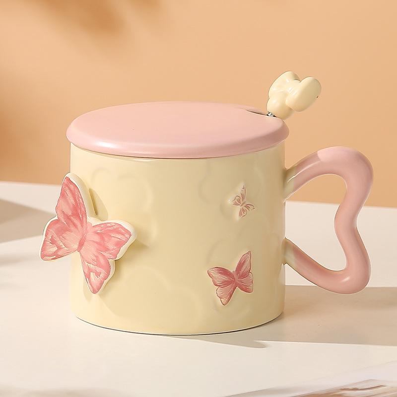 

Керамическая чашка-бабочка с крышкой и ложкой, высококачественная чашка для воды для пары для девочек, для дома, офиса, кофейная чашка для завтрака 301-400ml