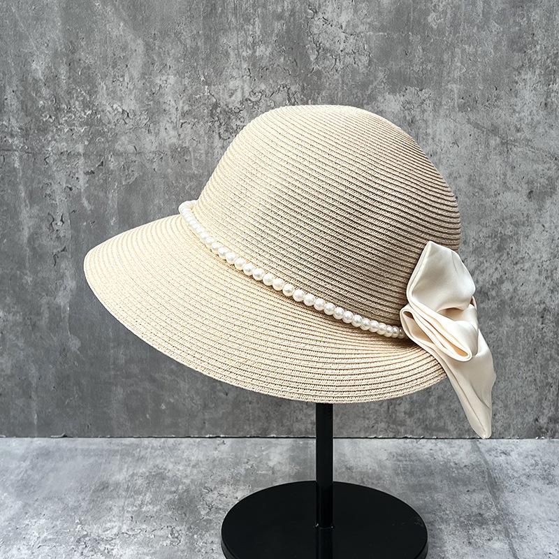 French Elegant Bow Pearl Straw Hat Women'S Beach Hat Big Brim Sun Hat Bucket Hat Top Hat